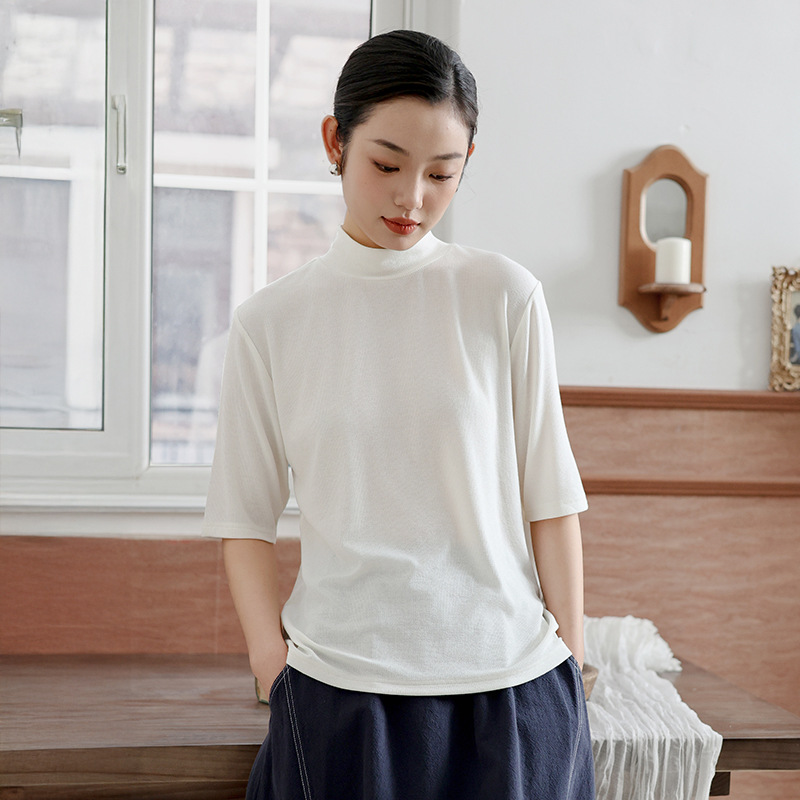 봄 새로운 하프 하이 칼라 하프 소매 바닥 셔츠 여성의 기본 조커 단색 하이 센스 울 티셔츠 재킷 도매