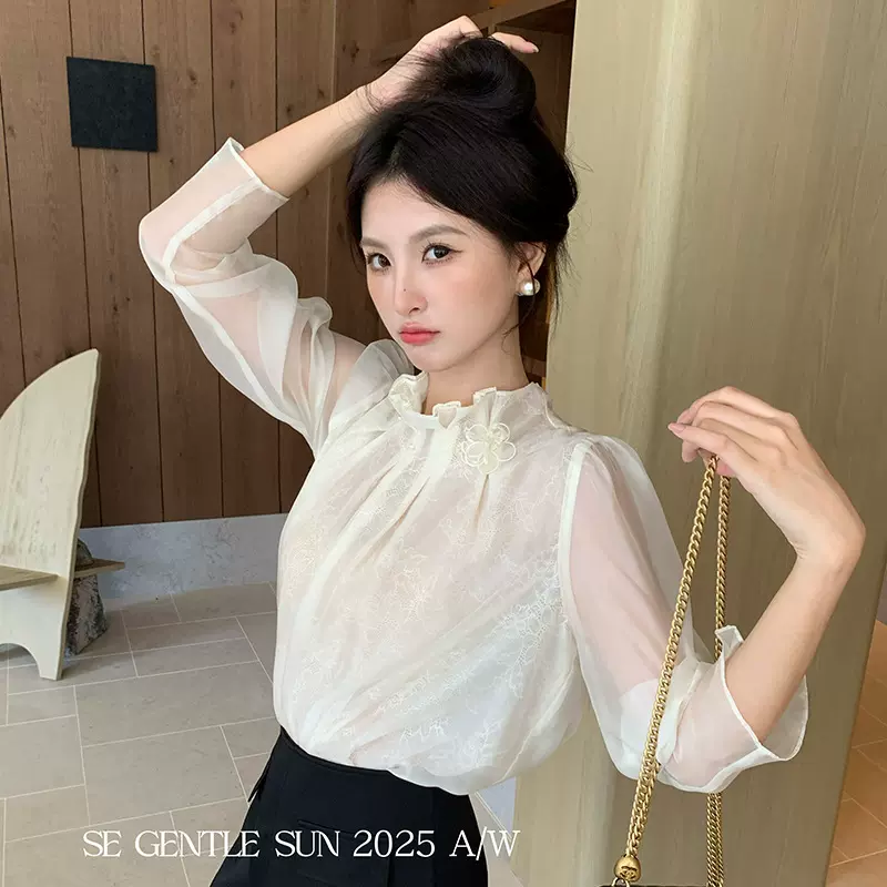 【特价不退换】秀熙熙秋季气质百搭蕾丝雪纺上衣长袖小衫89572