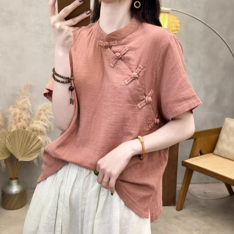 2568-1 Chinese Style Double-Layer Cotton Gauze Button-Down Short-Sleeved Shirt for Women 2026 Summer New Style Loose Casual Top 2568-1 Chinese Style Double-Layer Cotton Gauze Button-Down Short-Sleeved Shirt for Women 2026 Summer New Style Loose Casual Top
