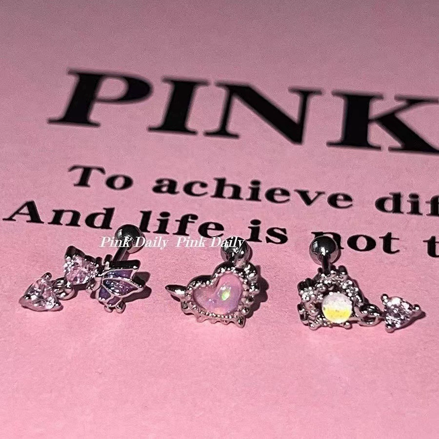 Серьги винтовые Pink Daily, титановая сталь, розовое опаловое сердце, бабочка и «кошачий глаз»