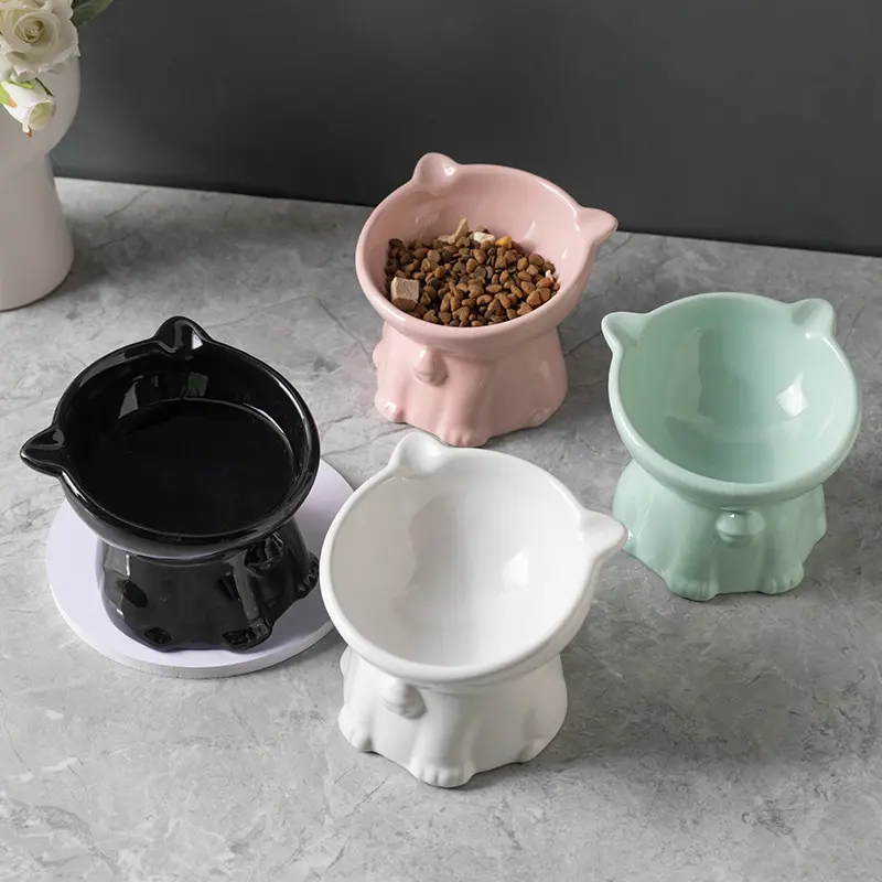 Tall Cat Bowl Ceramic Anti-Knock over Rice Bowl Cat Food Bowl Drinking Water Protection Cervical Spine Drinking Water Pet Dog Food Bowl