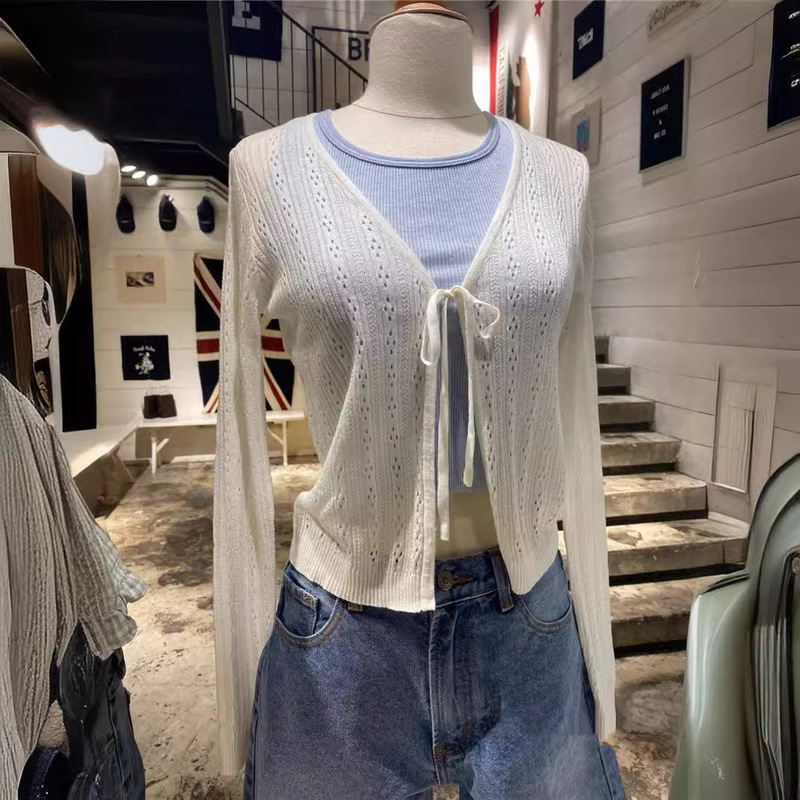 bm Style Brandy's Same Style Early Autumn New Mesh Knitted Lace-up Sunscreen v-neck Cardigan bm Long-sleeved Outwear for Women