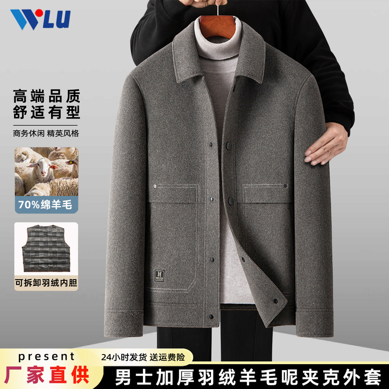 Men's Double-Sided Woolen Outwear Autumn and Winter Classy Thickeneded Removable down Liner Business Casual Jacket