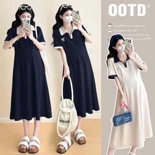 Maternity Wear Summer Dress Contrasting Color Polo Collar Short-Sleeved Dress Loose Large Size Casual Skirt Summer Maternity Skirt Trendy Mom