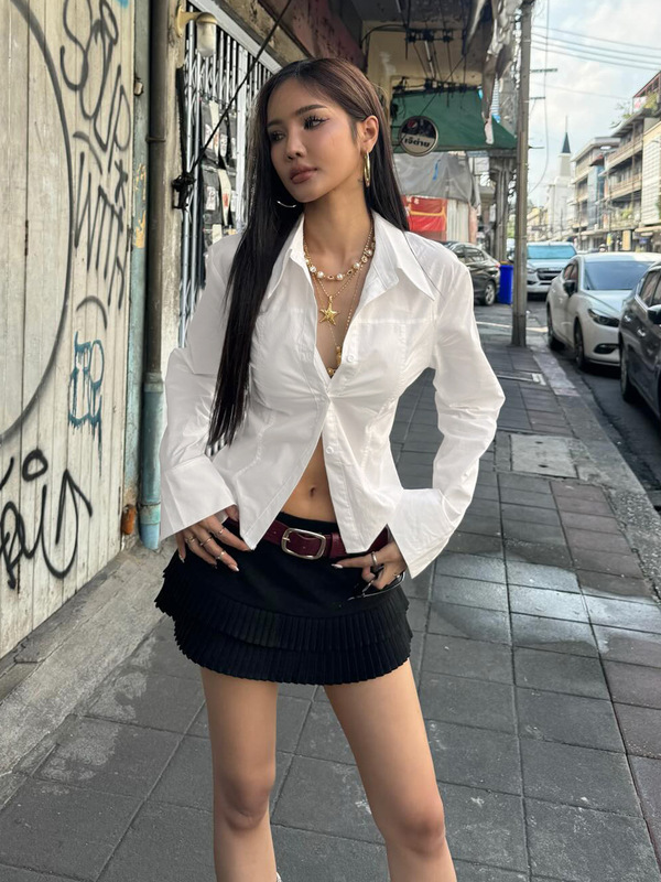 2005欧美风气质通勤职业装收腰系带衬衫辣妹街头纯色翻领长袖上衣|undefined