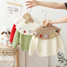 一件代发2025新款女童毛衣套头洋气手工花小童秋装儿童针织衫加厚