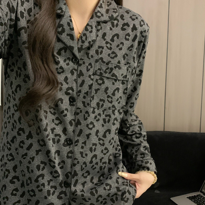 Cross-Border In-Stock Couple's Pajamas, High-End Black and Gray Leopard Print, Spring and Autumn Long-Sleeve Long-Pants Loungewear Two-Piece Set