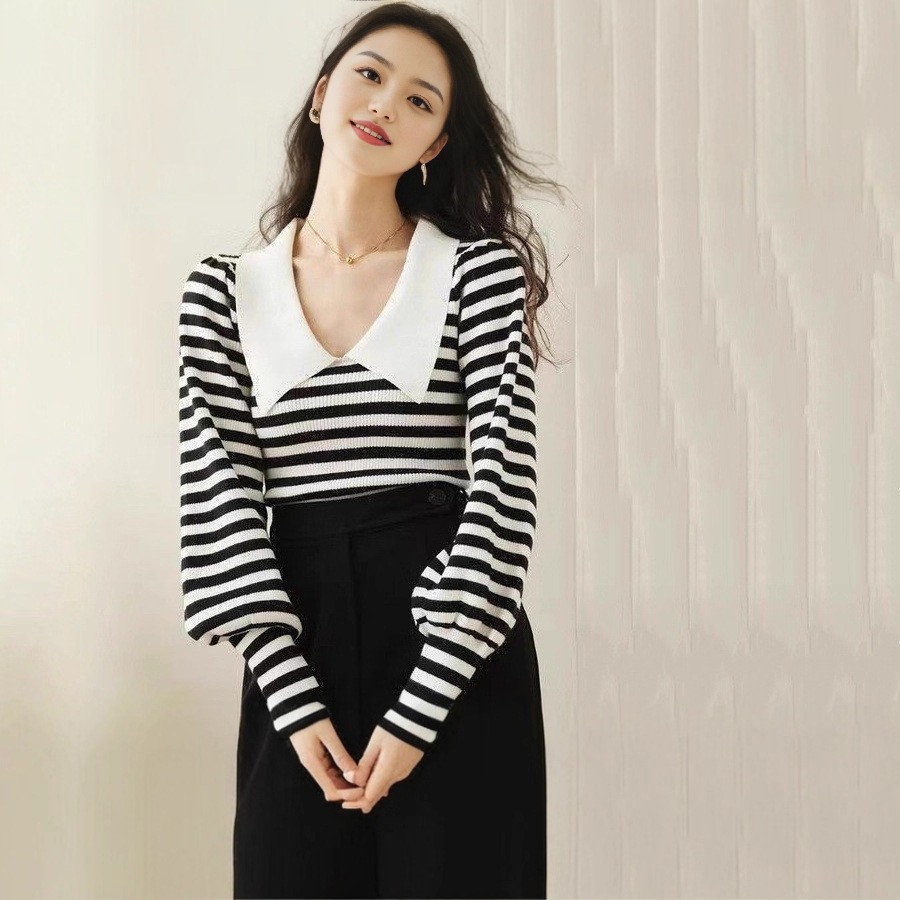 法式气质经典撞色条纹灯笼袖针织衫秋冬季新款小众娃娃领上衣女