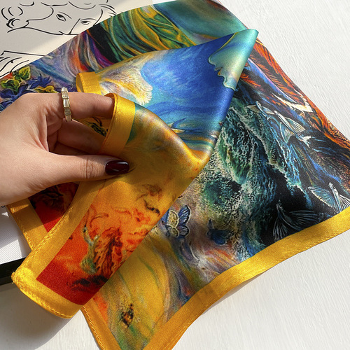 Yellow silk scarf for women, versatile spring and autumn small square scarf, western style decorative mulberry silk antique style small scarf