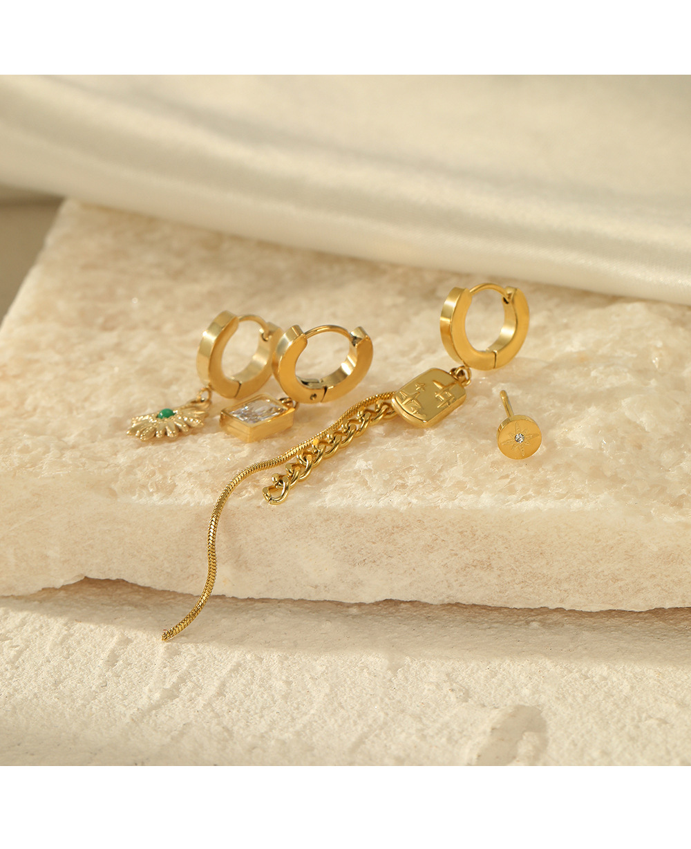 Retro Sun Tassel Stainless Steel Inlay Rhinestones Earrings 4 Piece Set