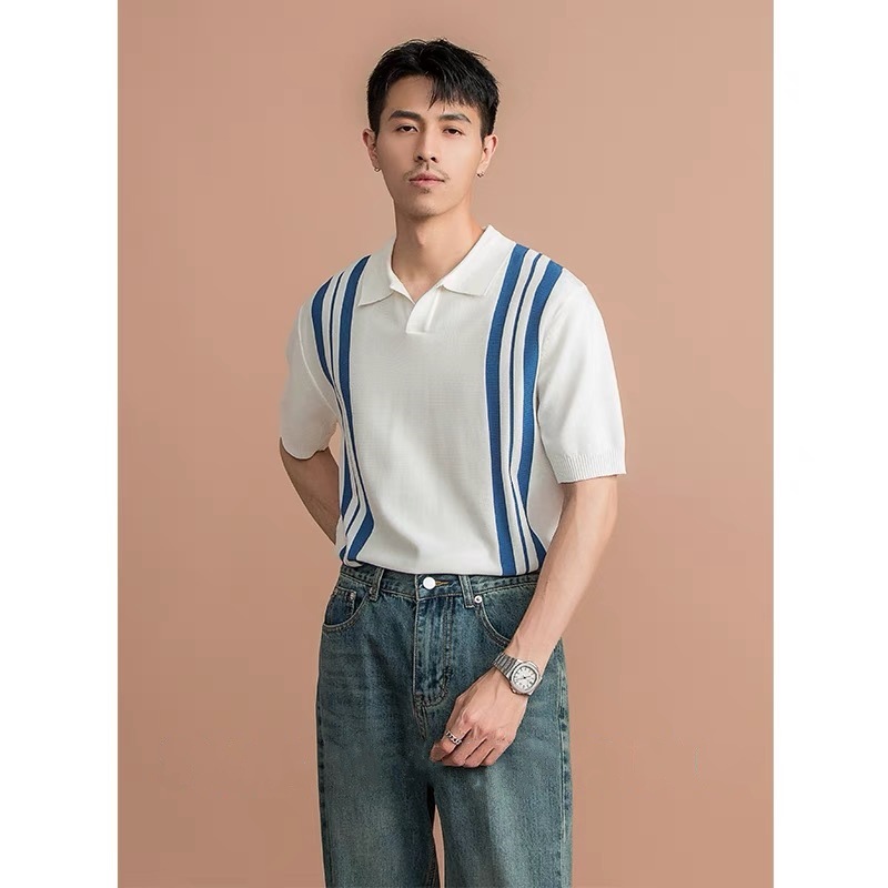 Polo camiseta de punto camiseta de manga corta hombre V-collar gaviota collar rayas verticales viejas camisetas de hielo de viento de verano fábrica transfronteriza al por mayor