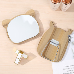 Wooden cute makeup mirror with bear head, standing elliptical deer antler standing vanity table, desktop vanity mirror