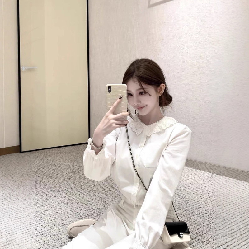 韩雨嘉Kyoto贵女法式荷叶边白色衬衫女气质小衫针织半裙套装|undefined