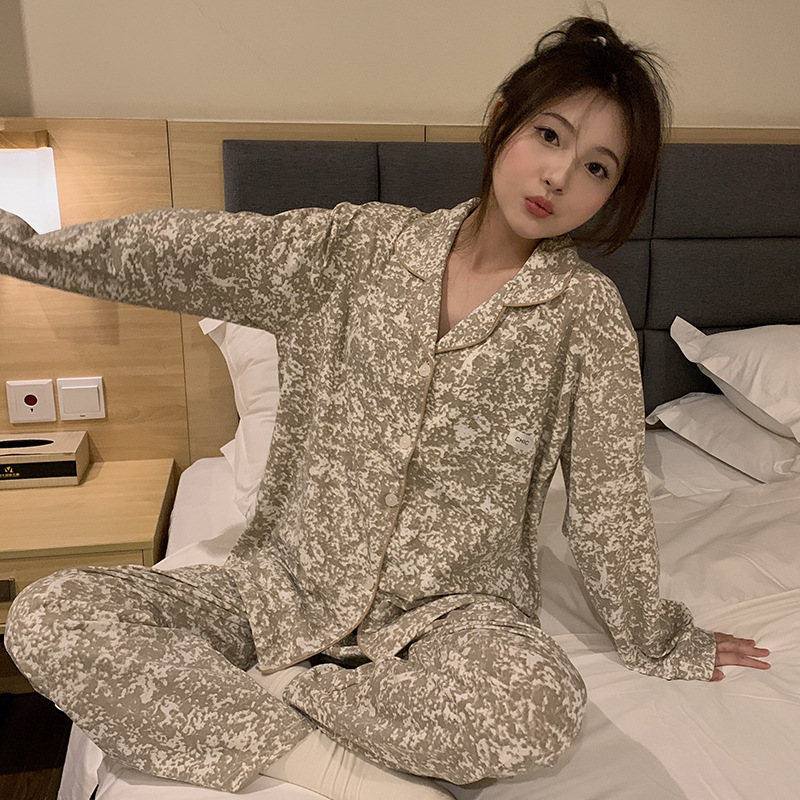 (2개) 봄 새 카디건 밀크 실크 긴팔 파자마 여성 일본과 한국 수묵화 모조 면 홈 옷 옷깃 사이버 기념 세트
