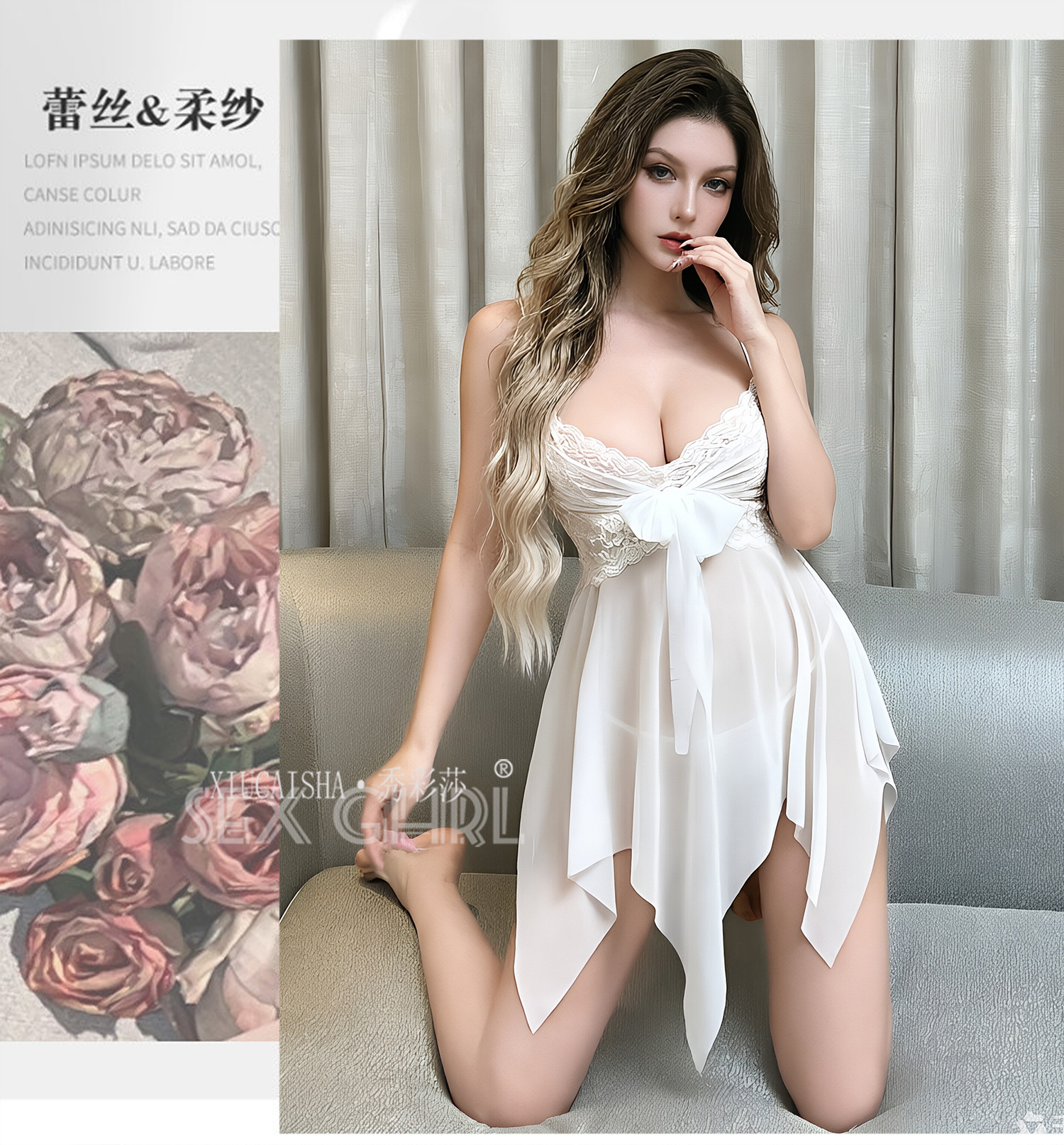 Xiucaisha See-Through Mesh Babydoll Set with Thong and Open-Crotch Stockings — detail image 18