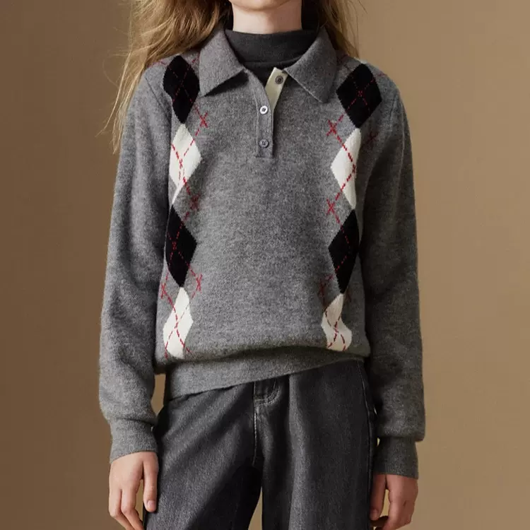 秋冬经典法式polo领女童针织衫新款加厚撞色菱形格套头中大童毛衣