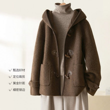 3色日韩连帽短款毛呢大衣女2025冬季新款韩版宽松百搭牛角扣外套