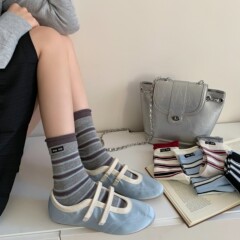 歐貨春夏新款雙羅口高顏值薄款條紋襪子女miu系堆堆襪純棉中筒襪