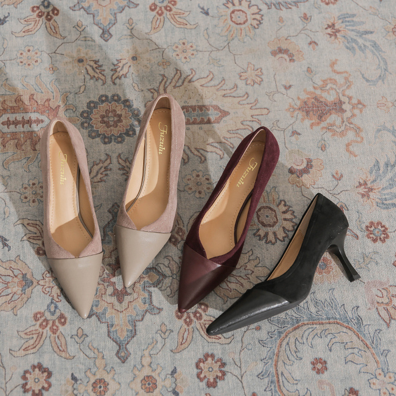 法式复古栗色V口皮革拼接高跟鞋细跟尖头气质优雅绒面宴会单鞋女