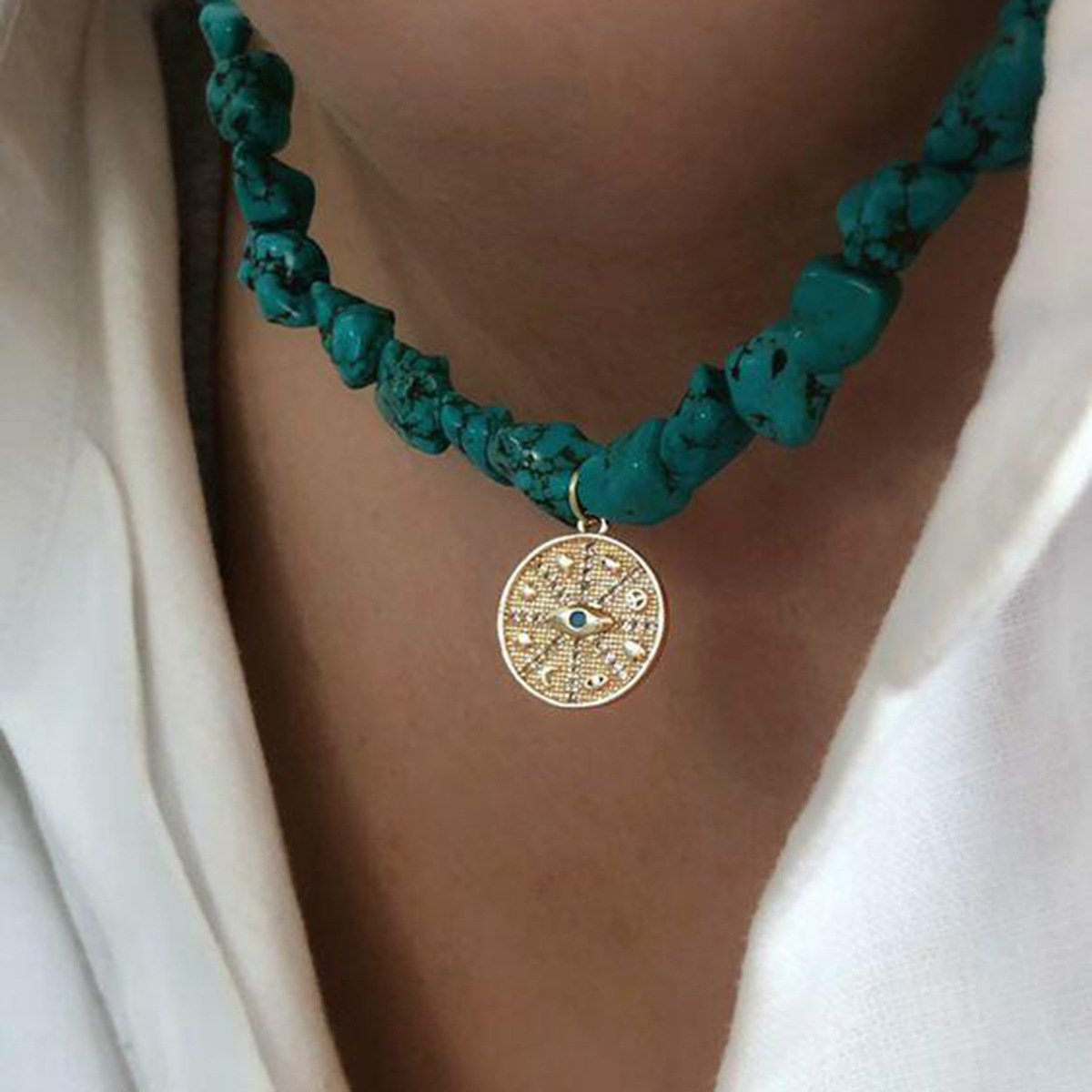 De Gros Vacances Bohémien Soleil L'oeil Du Diable Forme De Cœur Alliage Turquoise Perlé Incruster Turquoise Pendentif display picture 1