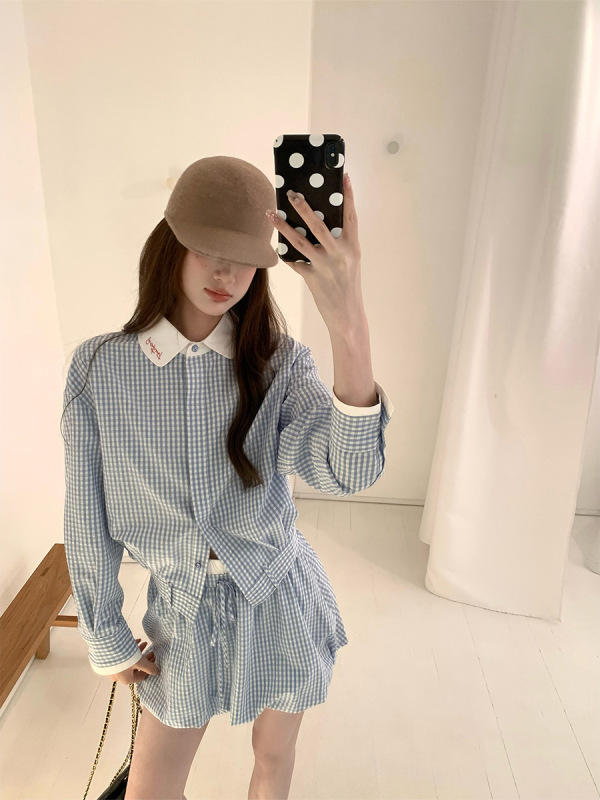 aaaaxbbb 冷调锡蓝 蓝格子套装翻领衬衫花苞裙短裙撞色系带上衣女|undefined