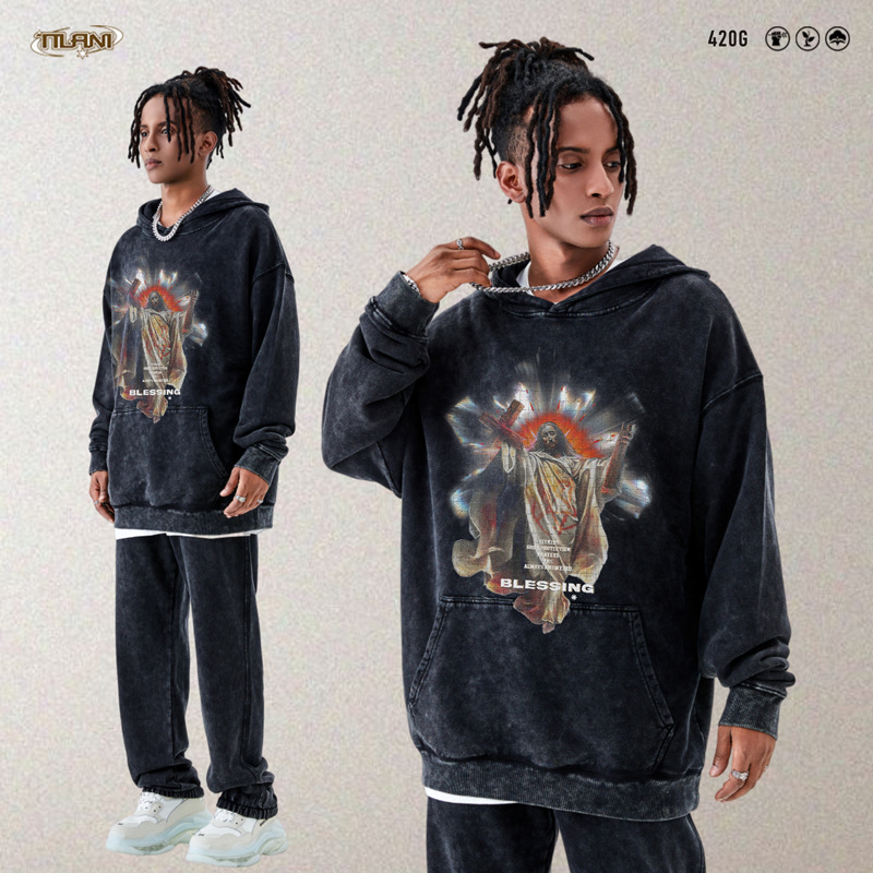 TILANI men's autumn Jesus character washing hooded sweatshirt men and women American high street 420G loose sweatshirt