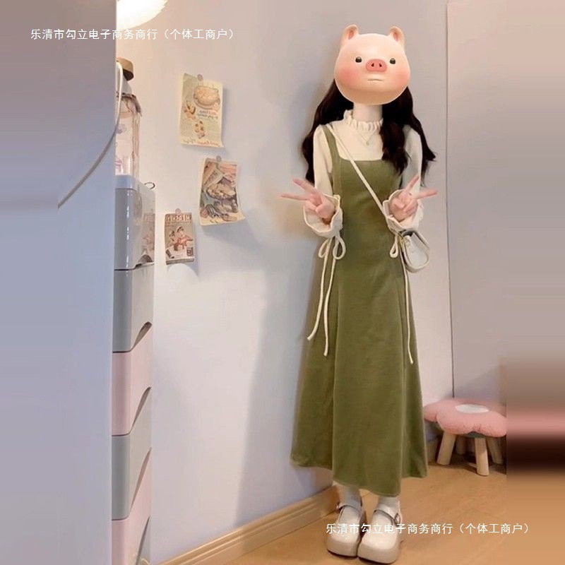 法式假两件绿色连衣裙子女春秋季2025新款今年流行感长裙|undefined
