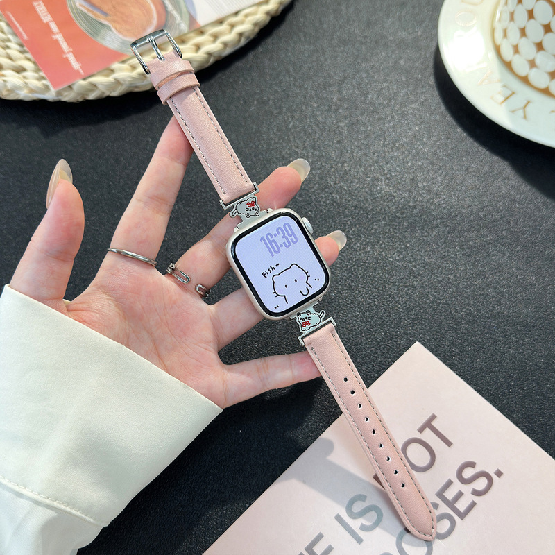 适用苹果表带AppleWatch1-11代/Ultra3/SE爱心小猫皮质手表带|undefined