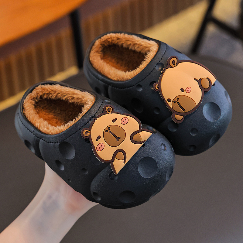 Capibara invierno zapatillas de algodón para niños, calentamiento y terciopelo impermeable, bolsas caseras para niños, zapatos de algodón de tacones