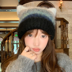 カラーのレトロな色のニットのぬいぐるみの帽子の秋冬の保温の耳の冷たい帽子の日系のかわいい猫の耳の毛糸の帽子