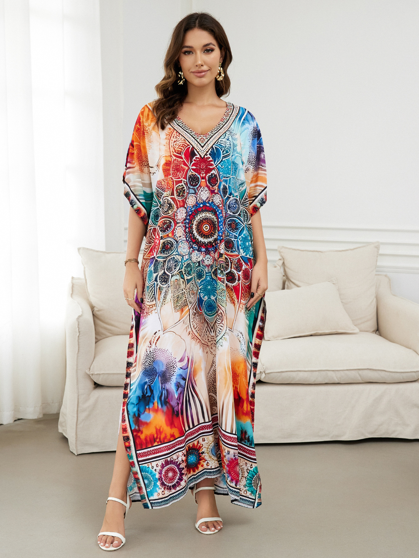 Rochie de plajă lungă kimono dama boho viscoză tie-dye_voghion.com