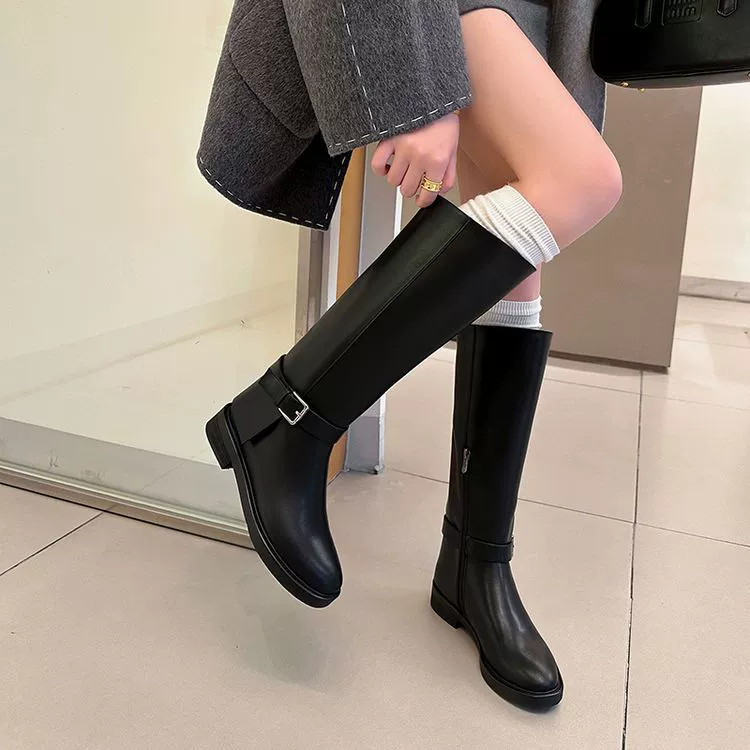 Кожаный кожаный ремень с пряжкой сапоги женский зимний темперамент черный брюки сапоги высокая труба без колен модные сапоги рыцарь сапоги