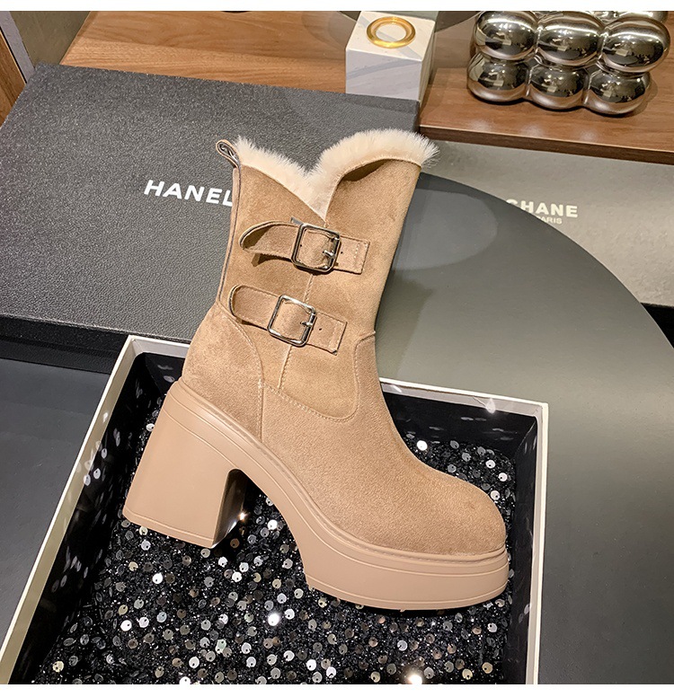 Boot nữ cổ cao lót lông cừu ấm áp, đế bệt gót nhọn, khóa thắt lưng — màu đen chi tiết 19