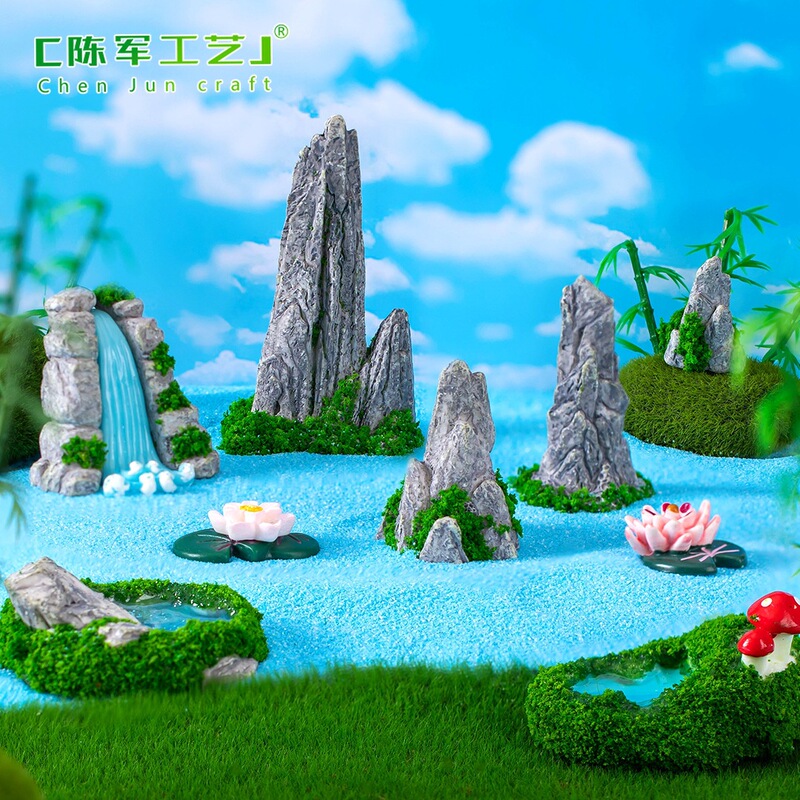 Micro-Landscape Creative Artificial Rockery Waterfall and Unique Stones, Moss Gardening DIY Decoration Accessories Small Ornaments