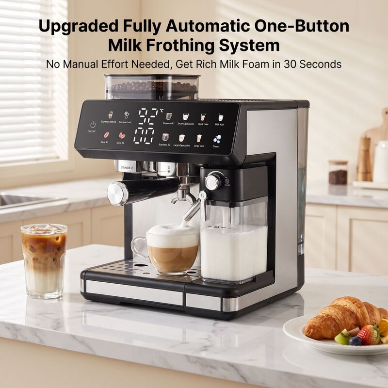 English-Style Italian Coffee Machine, Hot and Cold Dual Extraction, Fully Automatic, Multifunctional, Integrated Grinding and Frothing for Home and Office Use
