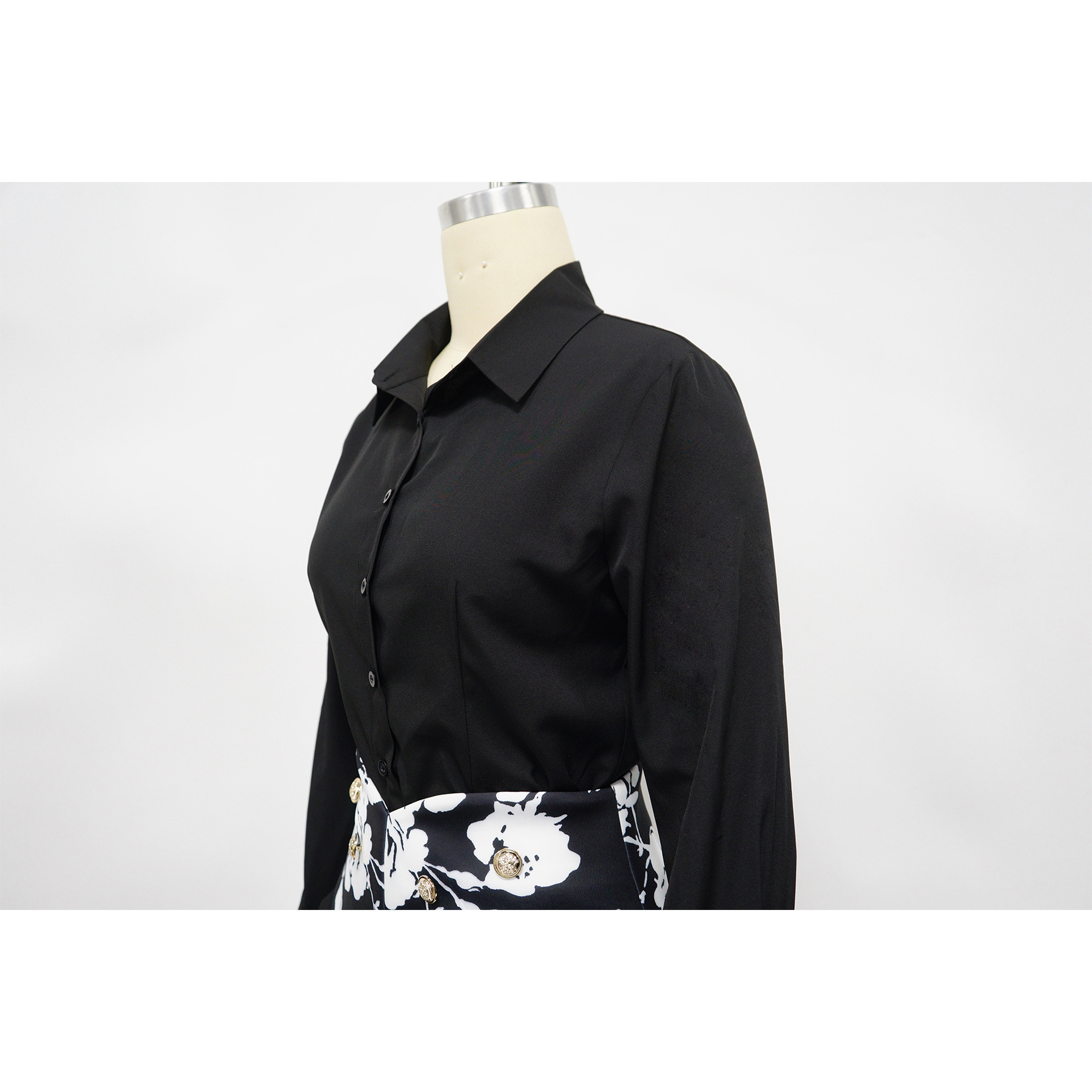Women's Fashion Long Sleeved Collared Printed Skirt Set Waist Cinching Short_ecoleips.com
