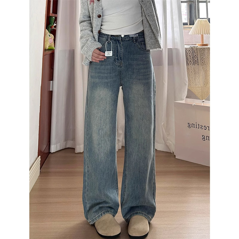 浅蓝色牛仔裤女2025春秋胖mm宽松显瘦高腰直筒梨形粗腿宽胯阔腿裤|undefined