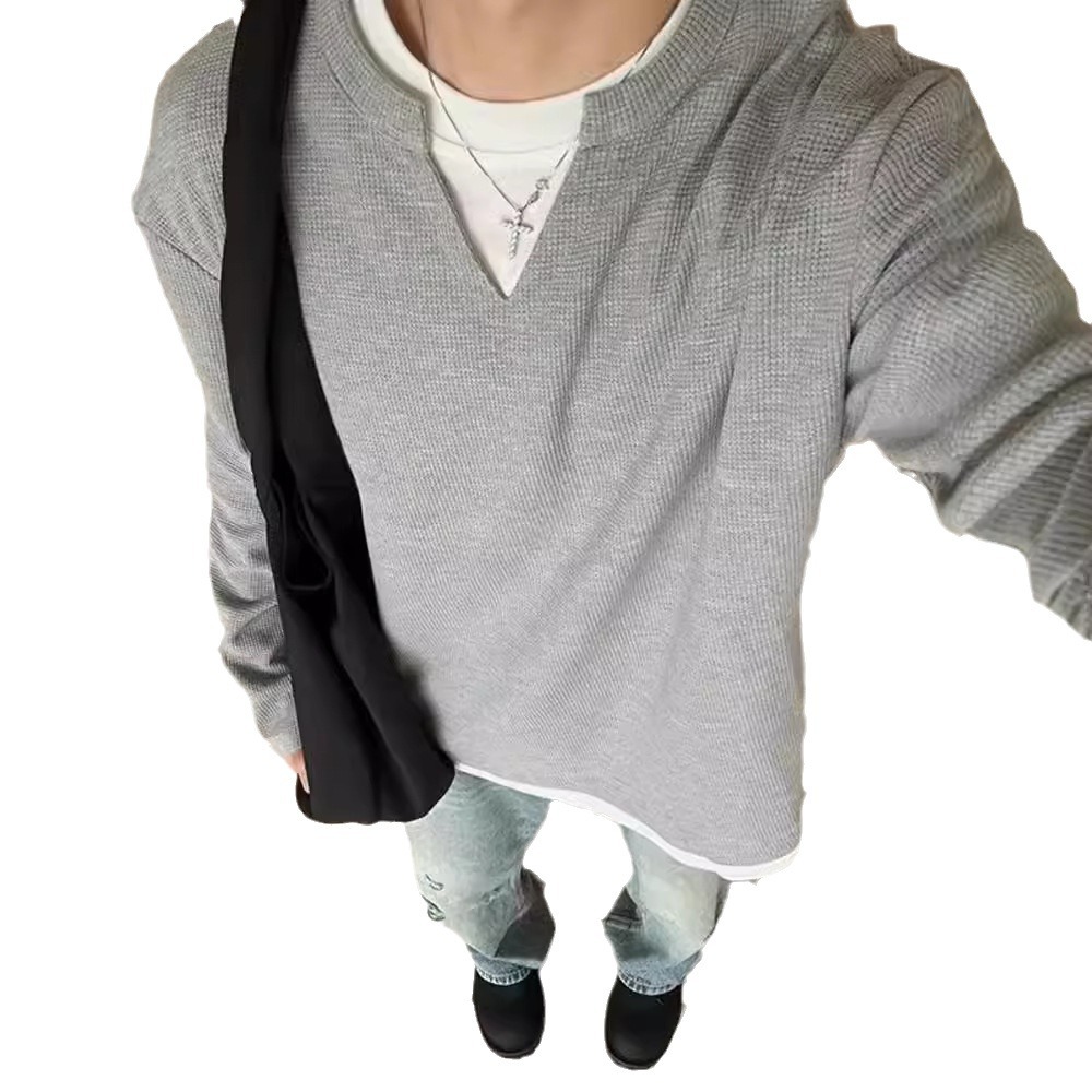 New Waffle V-neck sweatshirt for men, autumn and winter vintage heavyweight long sleeved T-shirt_voghion.com
