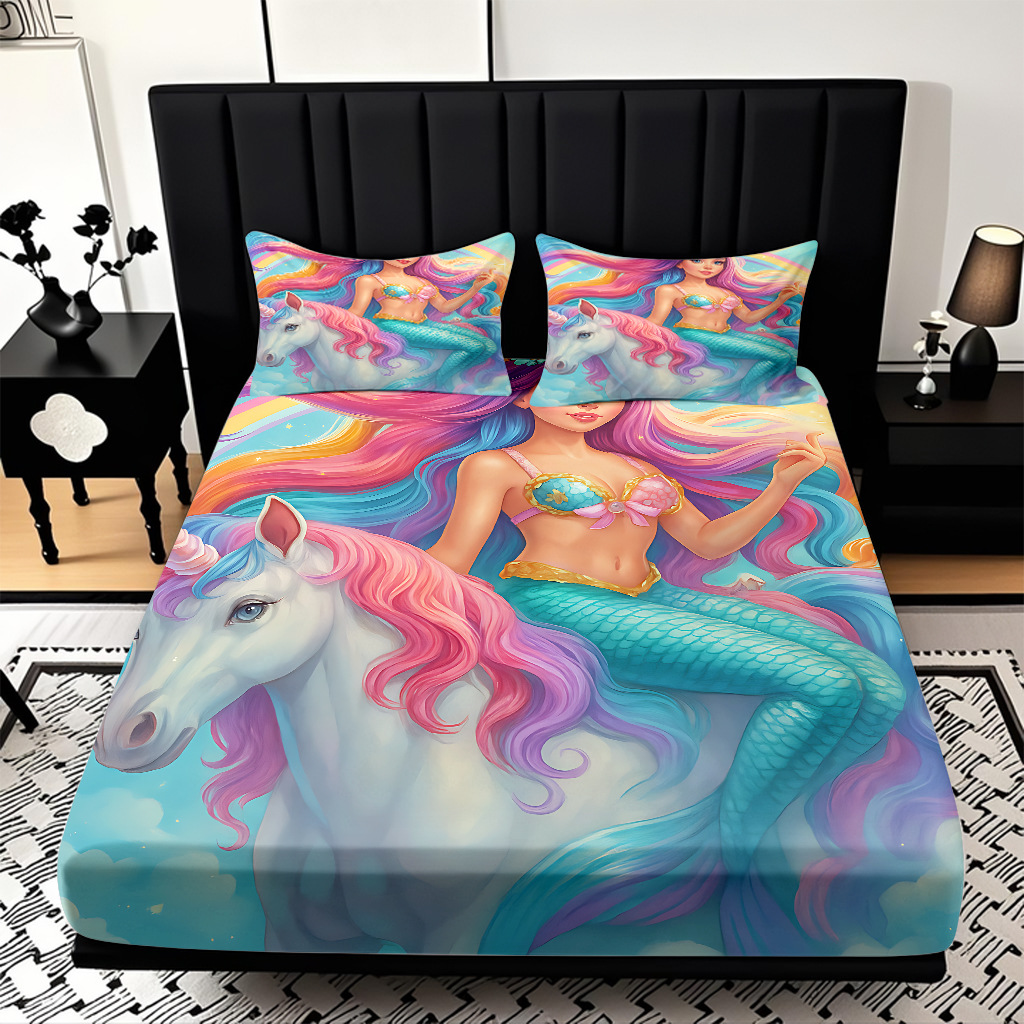 JIT modo Temu 3D impresión de caricatura sirena cama textil casera camisa ropa de cama tres piezas set transfronterizo mayorista