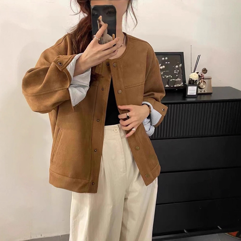 小香风麂皮绒短外套女2025春秋新款韩系宽松休闲高级感夹克上衣潮