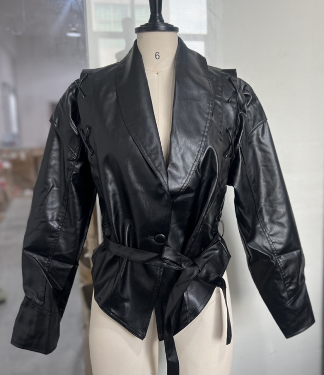 라펠 타이 긴팔 재킷 - 블랙