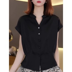 ファッショナブルな V ネック半袖 T シャツ女性のための 2025 新しい気質シャツシングルブレスト西洋スタイルスリム OL シャツ女性のための A3895