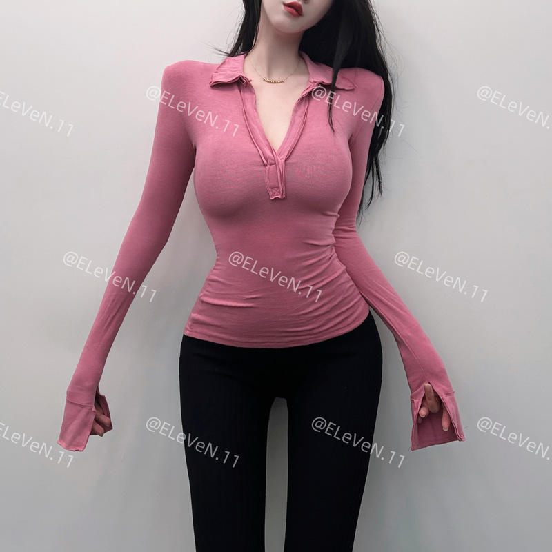 Chest waist textbook/pure desire wind lapel slim slim V collar long sleeve T-shirt 2025 autumn new base shirt