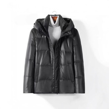 新款海宁真皮皮衣头层羊皮中长款皮夹克加厚连帽羽绒服男士外套