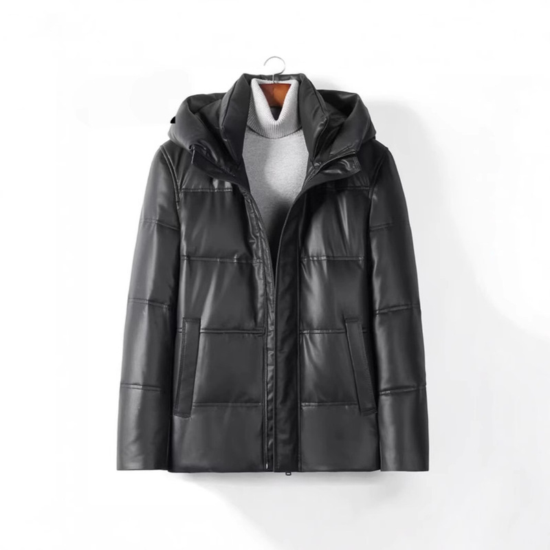 New Haining Genuine Leather Jacket, First Layer Sheepskin Mid-Length Leather Jacket, Thickeneded Hooded down Jacket, Men's Jacket New Haining Genuine Leather Jacket, First Layer Sheepskin Mid-Length Leather Jacket, Thickeneded Hooded down Jacket, Men's Jacket