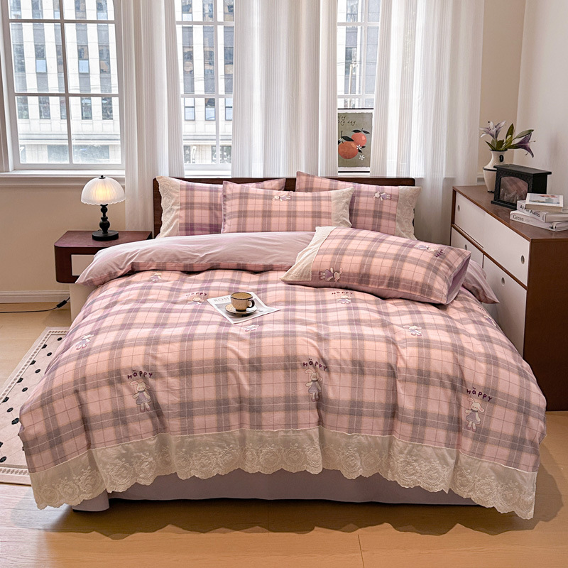 Class A 100% Pure Cotton Brushed Four-piece Set, Thickened All-cotton Vintage Style Lace Bed Sheet, Duvet Cover, Fitted_voghion.com