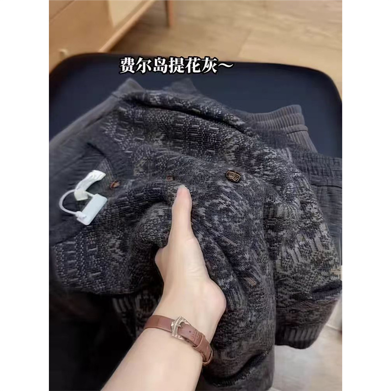 法式复古提花针织开衫女2025新款秋季圆领长袖毛衣外套费尔岛上衣|undefined