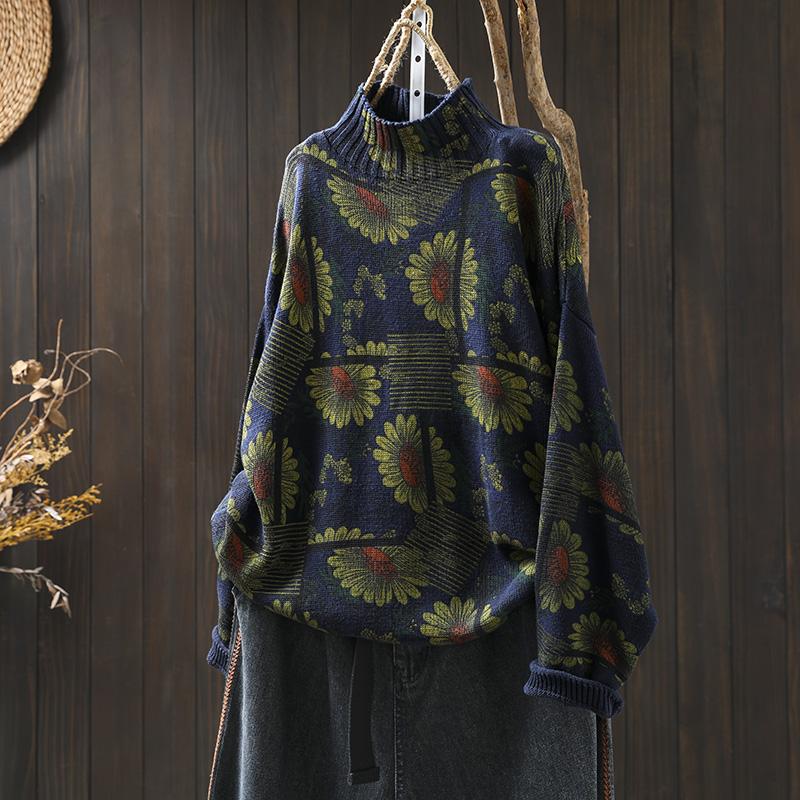 Sunflower Printed Half-turtleneck Cotton Sweater Women's Loose plus size Design Winter New Casual Color Sweater Sunflower Printed Half-turtleneck Cotton Sweater Women's Loose plus size Design Winter New Casual Color Sweater