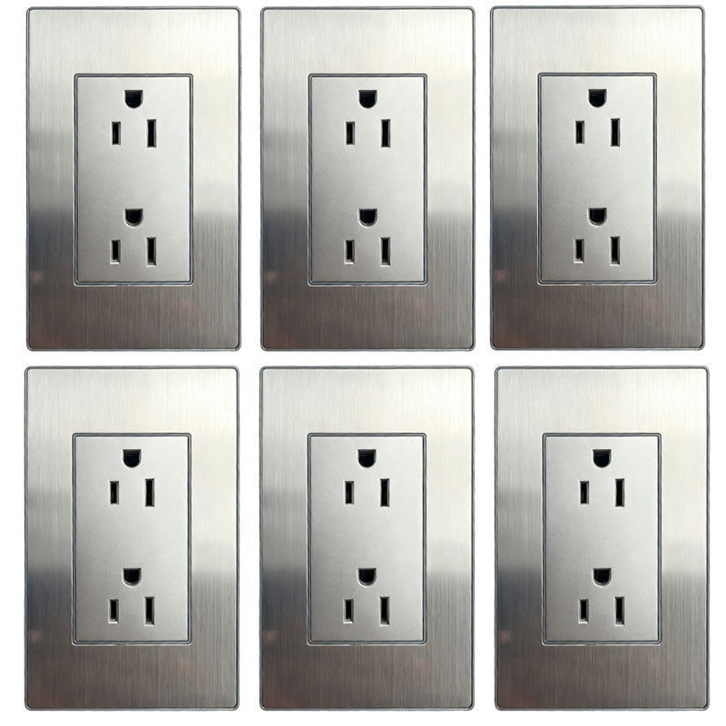 Stainless Steel American Standard Six-Hole Set of 6 Wall Sockets in 1 Box 110-250V15A Set American-Style Sockets Cross-Border