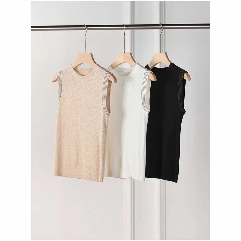 2023Bc Trendy New Women's Wool Vest Knitted Sleeveless Top Summer Commuter Base Shirt Short Round Neck